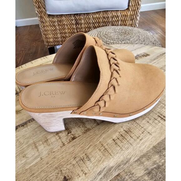 J. Crew Faux Suede Wooden Clogs Women's Size 7.5 New Camel Bohemian Preppy - Picture 1 of 13
